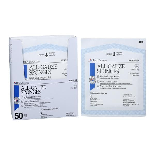 Henry Schein Premium 100% Cotton All-Gauze Sponge 4x4" 12 Ply Sterile Square LF, 24 BX/CA