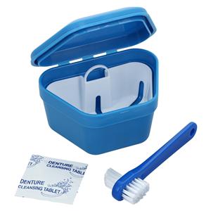 Patient Denture Kit Bag Blue With Bath, Brush & Cleaner 12/Ca