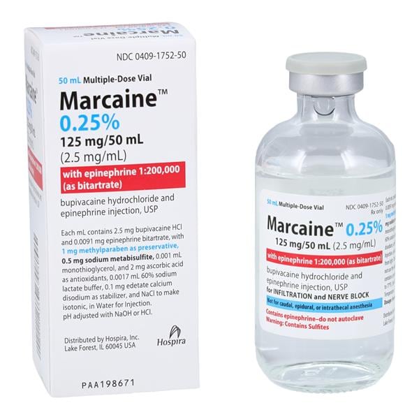 Marcaine w/Epinephrine Injection 0.25% 1:200,000 MDV 50mL Each