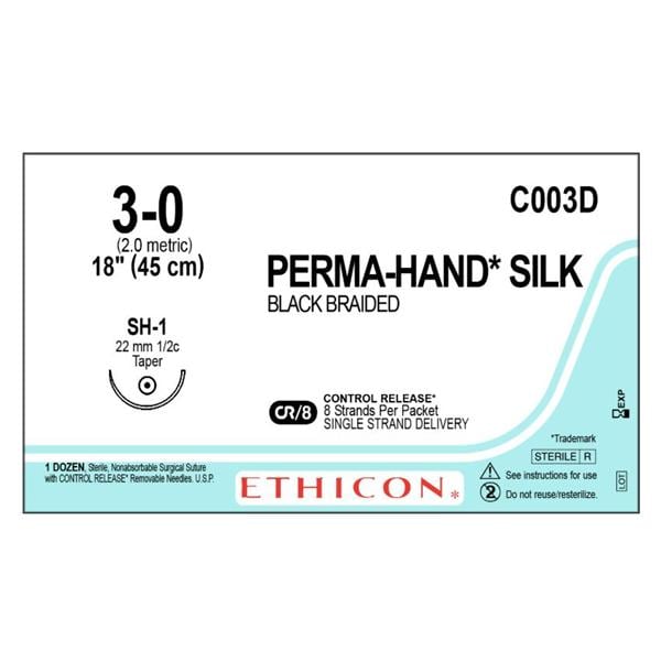 Perma-Hand Suture 3-0 8x18" Silk Braid SH-1 Black 12/Bx