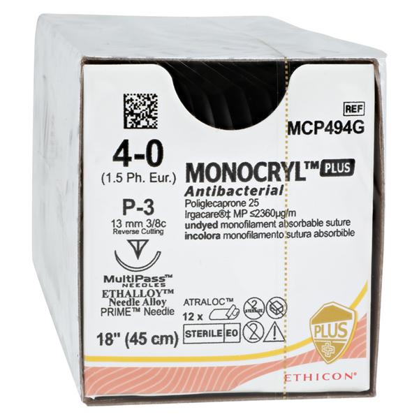 Monocryl Plus Suture 4-0 18" Triclosan/Polyglecaprone 25 Mnflmnt P-3 Undyd 12/Bx