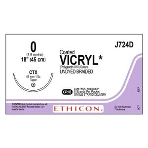 Vicryl Suture 0 8-18" Polyglactin 910 Braid CTX Undyed 12/Bx