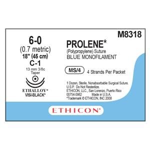 Prolene Suture 6-0 4-18" Polypropylene Monofilament C-1/C-1 Blue 12/Bx