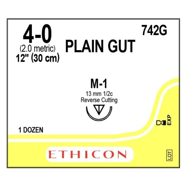 _ Suture 4-0 1x12" Plain Gut Monofilament M-1 Yellowish Tan 12/Bx