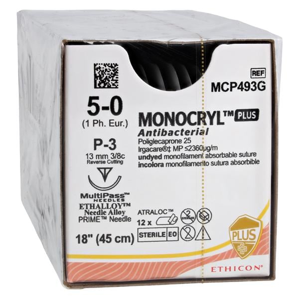 Monocryl Plus Suture 5-0 18" Triclosan/Polyglecaprone 25 Mnflmnt P-3 Undyd 12/Bx