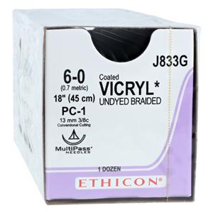 Vicryl Suture 6-0 18" Polyglactin 910 Braid PC-1 Undyed 12/Bx