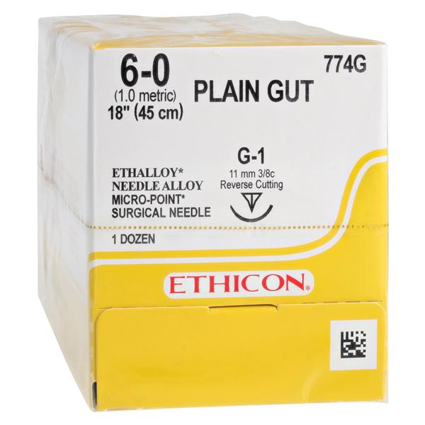 Ethicon Suture 6-0 1x18" Plain Gut Monofilament G-1 Yellowish Tan 12/Bx