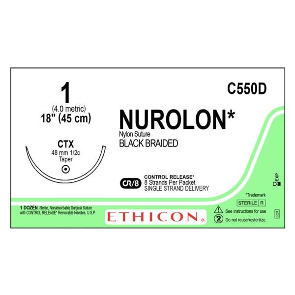 Nurolon Suture 1 8-18" Nylon Braid CTX Black 12/Bx