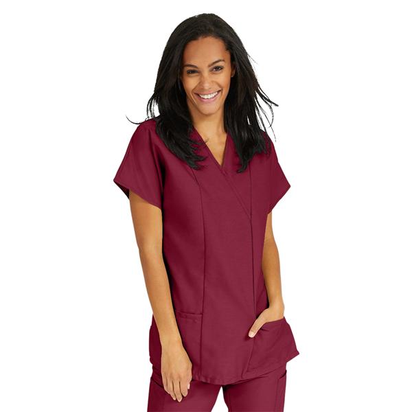 Scrub Shirt V-Neck Tunic 2 Pockets Short Sleeves Small Wine Ea