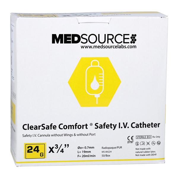 ClearSafe IV Catheter Safety 24 Gauge 3/4" Straight 50/Bx