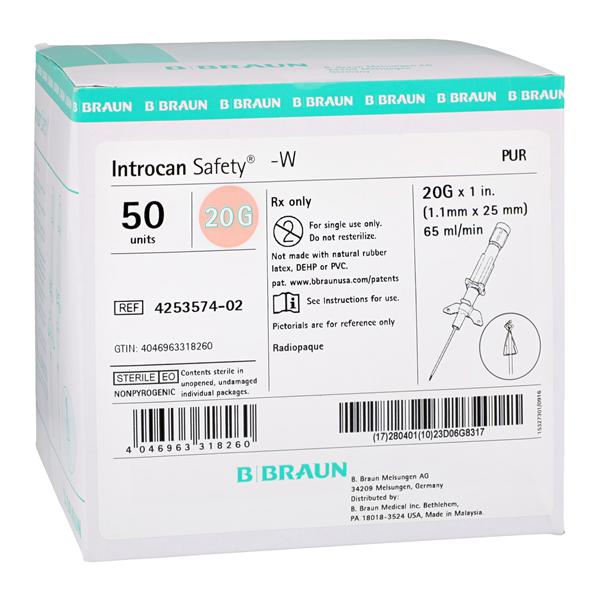 Introcan Safety IV Catheter Safety 20 Gauge 1" Pink Straight 50/Bx