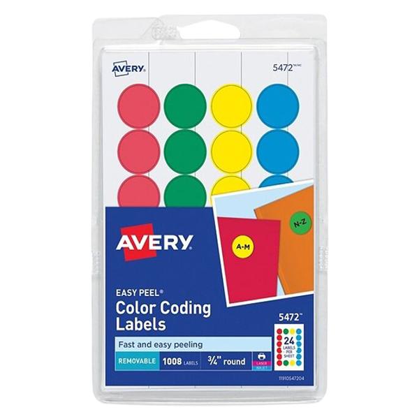 Removable Color-Coding Labels 3/4" Diameter Blue/Green/Red/Yellow 1000/Bx