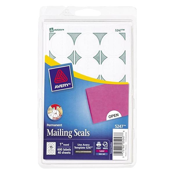 Avery Mailing Seals 1 in Round 15 Label/40 Sheets White 600/Pack 600/Pk