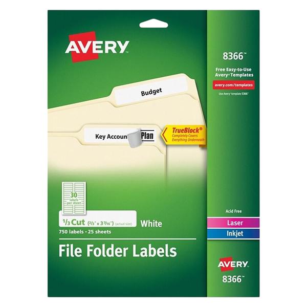 Permanent File Folder Labels, 2/3" x 3 7/16", White 750/Pk