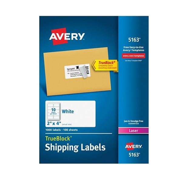 Avery TrueBlock White Laser Shipping Labels 2 in x 4 in 1000/Box 1000/Bx