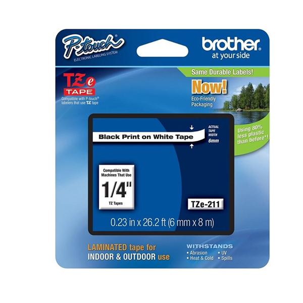 Brother TZe-211 Black-On-White Tape 0.25" x 26.2' 1/PK