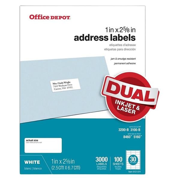 White Inkjet/Laser Address Labels 1 in x 2 5/8 in 3000/Pk