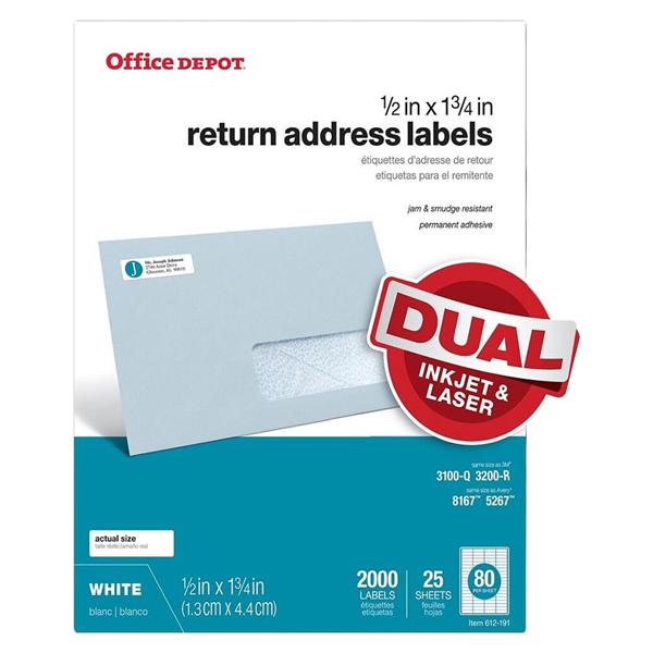 White Inkjet/Laser Return Address Labels 1/2 in x 1 3/4 in 2/Pack 2000/Pk