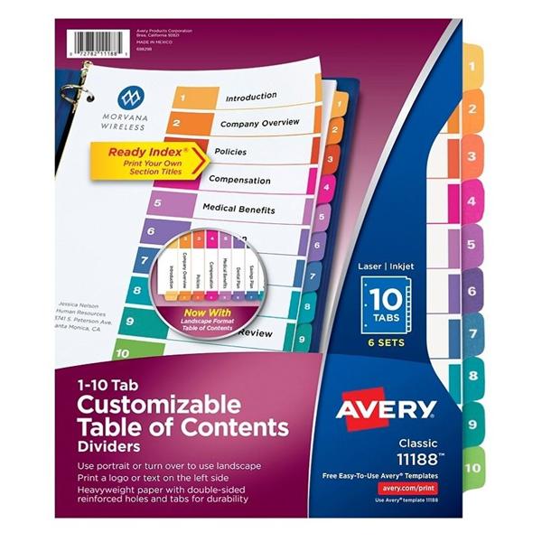 Table Of Contents Dividers 1-10 Tab Multicolor 6 Sets/Pack 6/Pk