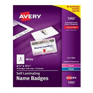 Avery Laminated I.D. Badges Cards & Clips Kit 30/Bx