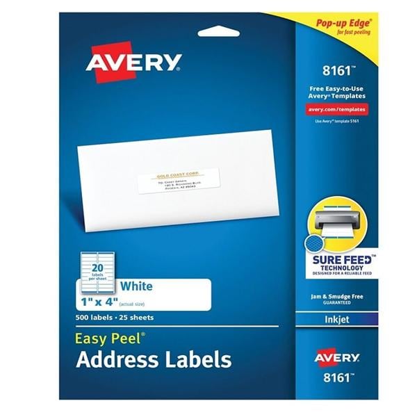 Avery White Inkjet Address Labels 1" x 4" Box Of 500 500/Bx