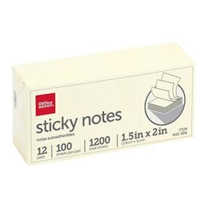 Self-Stick Notes 1.5 in x 2 in Yellow 100 Sheets/Pad 12 Pads/Pack 12/Pk