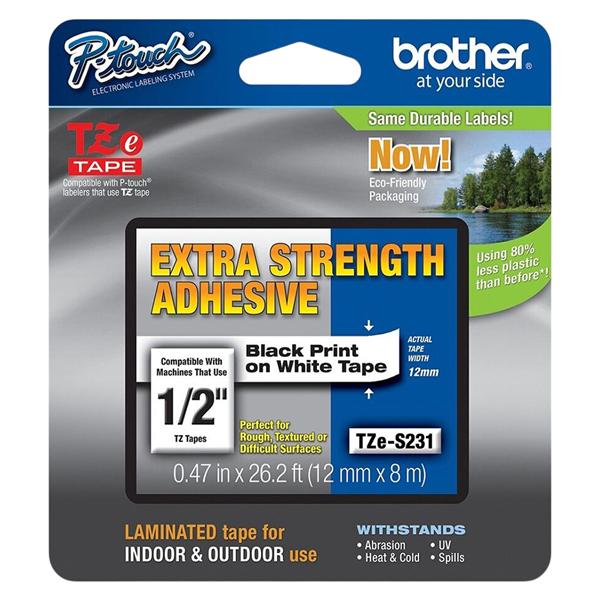 Brother TZe-S231CS Blk-On-Wht Extra-Strngth Tape 0.5 in x 26.2 ft Ea