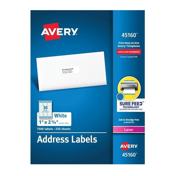 Avery White Laser Address Labels 2 5/8 in x 1 in 7500/Pack 7500/Pk