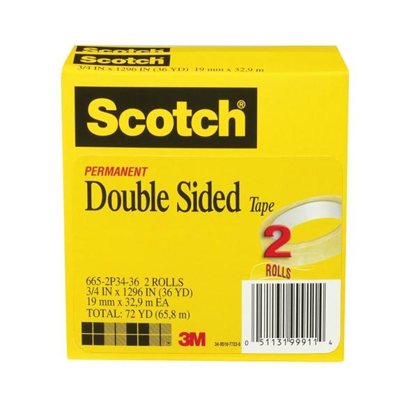 Scotch 665 Permanent Double-Sided Tape 3/4 in x 1296 in 2/Pack 2/Pk