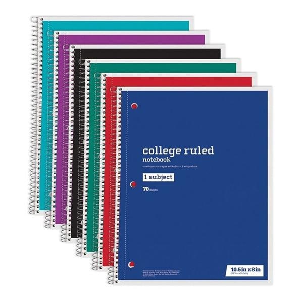 Wirebound Notebook 1 Subject College Ruled 70 Sheets Asst 6/Pack 6/Pk