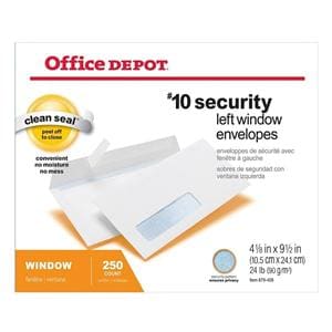 Security Window Envelope #10 4 1/8 in x 9.5 in White 250/Pack 250/Bx