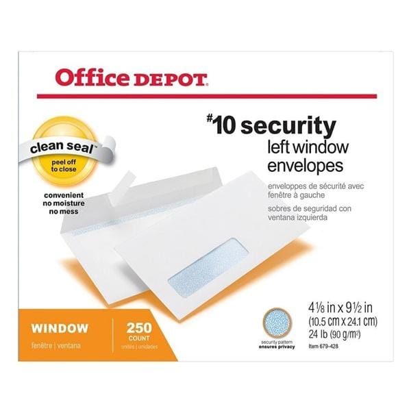 Security Window Envelope #10 4 1/8 in x 9.5 in White 250/Pack 250/Bx