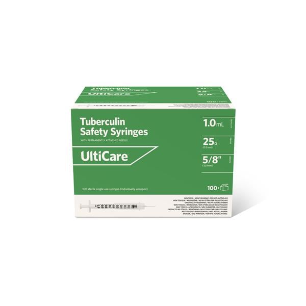 UltiCare Tuberculin Syringe/Needle 25gx5/8" 1mL Fxd Prm Atch Ndl Sfty LDS 100/Bx