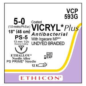 Vicryl Plus Suture 5-0 18" Triclosan/Polyglactin 910 Braid PS-5 Undyed 12/Bx