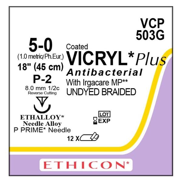 Coated Vicryl Plus Suture 5-0 18" Triclosan/Polyglactin 910 Brd P-2 Undyd 12/Bx