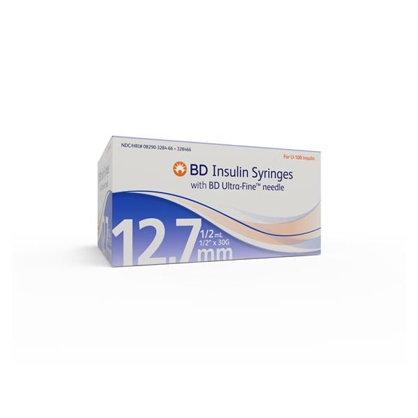 Ultra-Fine Insulin Syringe/Needle 30gx1/2" 0.5cc Tan Conventional LDS 100/Bx