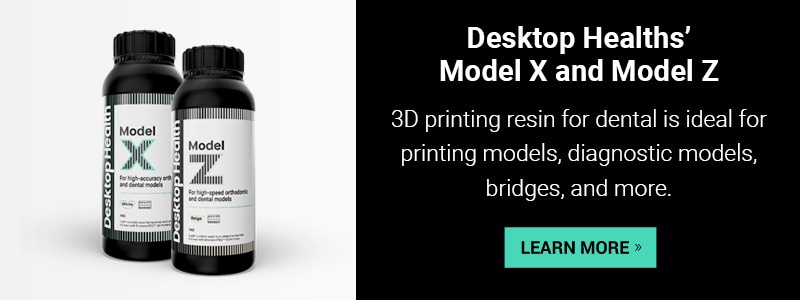 La resina de impresión en 3D de Model X y Model Z de Desktop Health para aplicaciones dentales es ideal para imprimir modelos, modelos de diagnóstico, puentes y mucho más. - Más información